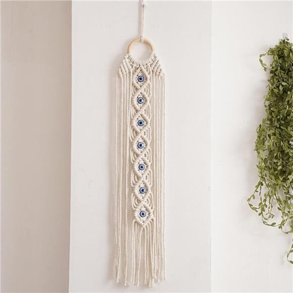 Boho Handmade Evil Eye Macrame Wall Hanging Dreamcatcher, 27.56” x 5.51” Cotton - Picture 1 of 8